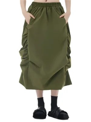 TEEK - Elastic Waist Army Green Pleated Bud Skirt