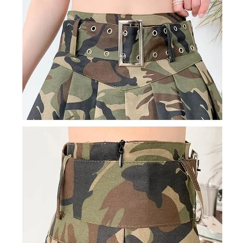 Toleet-2023 Summer Camouflage Mini Skirt Women High Waist with Belt Cargo Skirt Woman Harajuku Pleated A Line Skirts Female