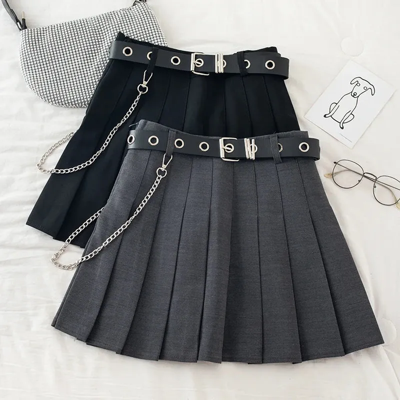 Toleet-Punk Mini Skirt With Chain Belt Rock Girl Cheerleading Belted Pleated Skirt Alt Women Egirl Y2K Outfit