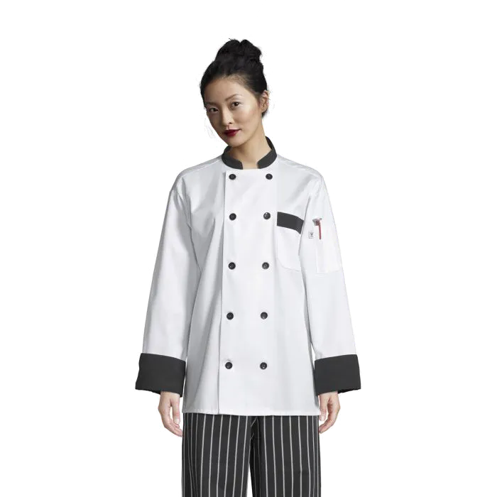 Uncommon Threads Chef Coat Medium White w/ Black Trim Unisex 65/35 Poly/Cotton Twill