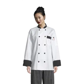 Uncommon Threads Chef Coat Medium White w/ Black Trim Unisex 65/35 Poly/Cotton Twill