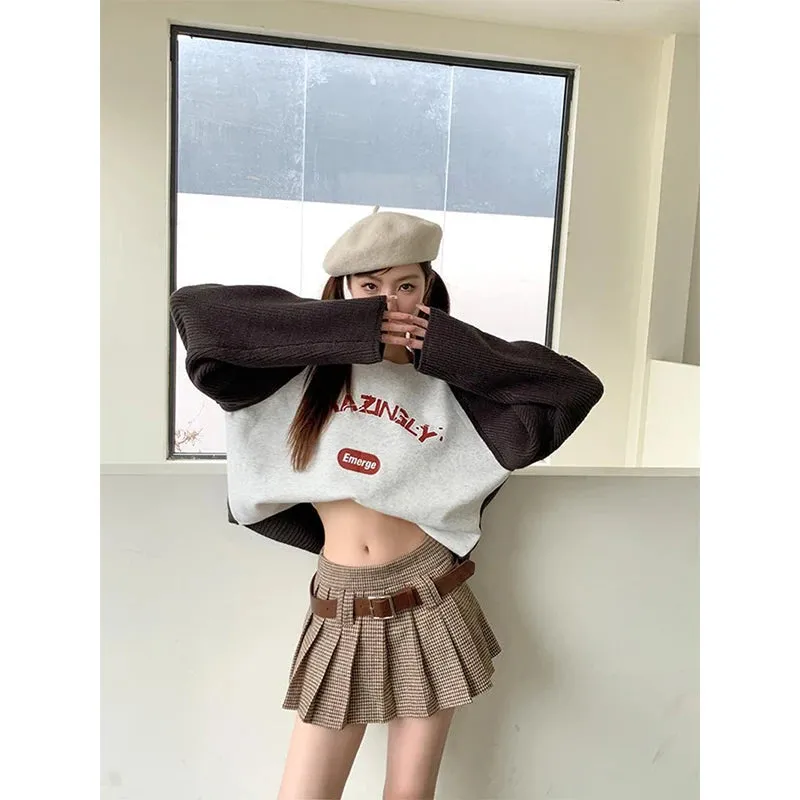 Uniwim Vintage Plaid Mini Skirt Women Y2K Houndstooth Belt Pleated Skirts Streetwear Harajuku 90S High Waist A Line Short Skirt