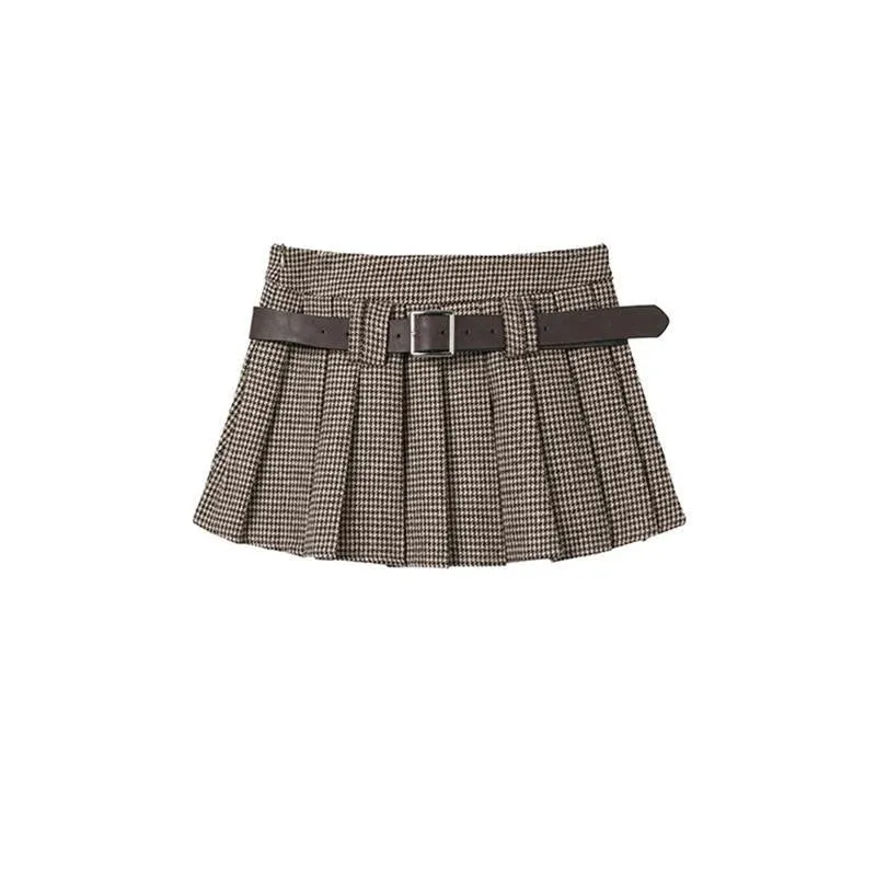 Uniwim Vintage Plaid Mini Skirt Women Y2K Houndstooth Belt Pleated Skirts Streetwear Harajuku 90S High Waist A Line Short Skirt