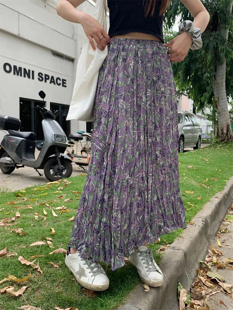 Waist Sweet Purple Pleated Elastic Chiffon High Floral Boho Print Summer Skirt