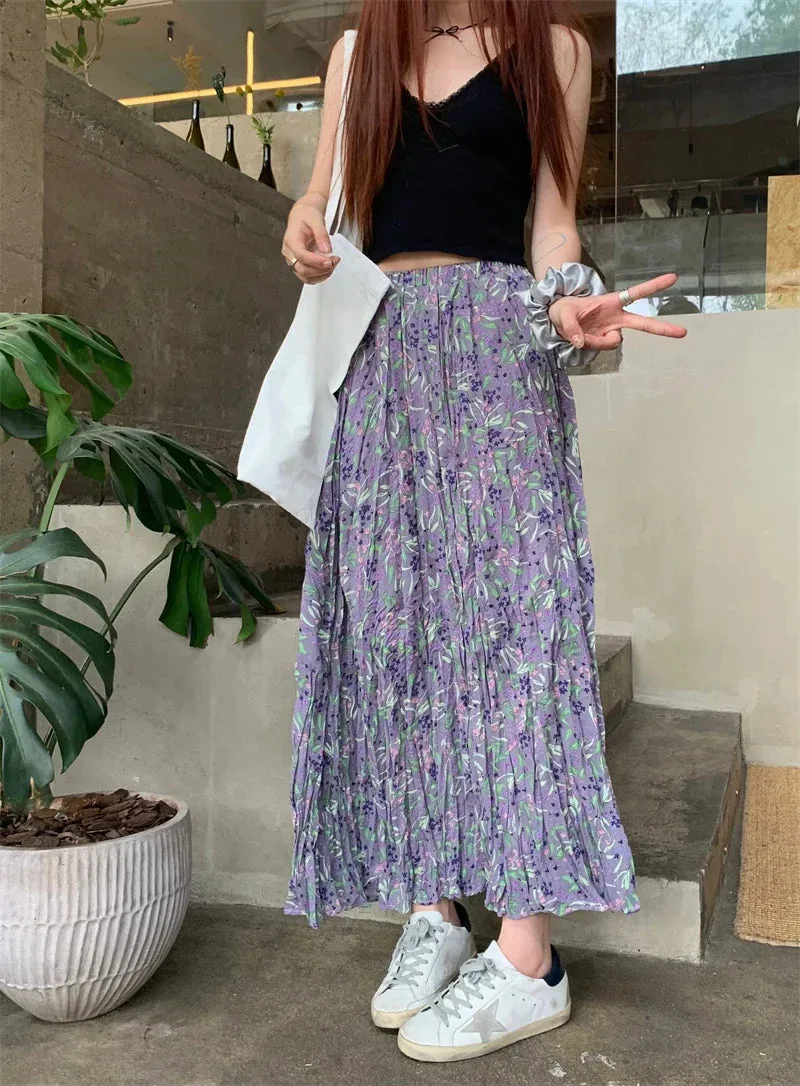 Waist Sweet Purple Pleated Elastic Chiffon High Floral Boho Print Summer Skirt