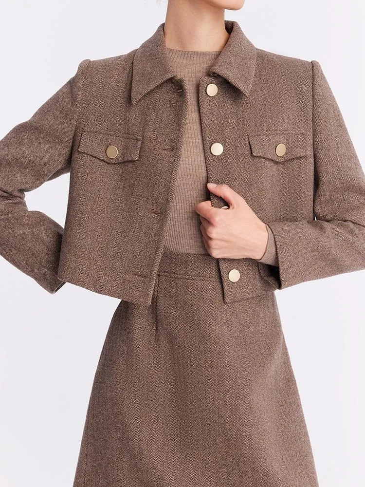 Washable Wool Crop Jacket And Skirt And Sweater Three-Piece Suit