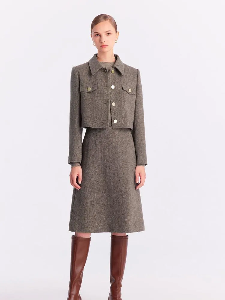 Washable Wool Crop Jacket And Skirt And Sweater Three-Piece Suit