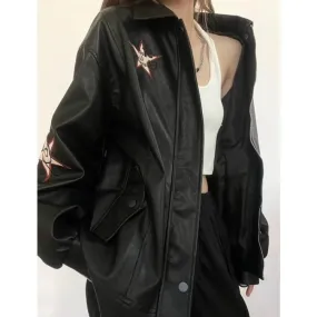 Wenkouban classy outfits men American-Style Retro Embroidered Leather Coat Women's Autumn 2024 Black Motorcycle Clothing PU Leather Jacket