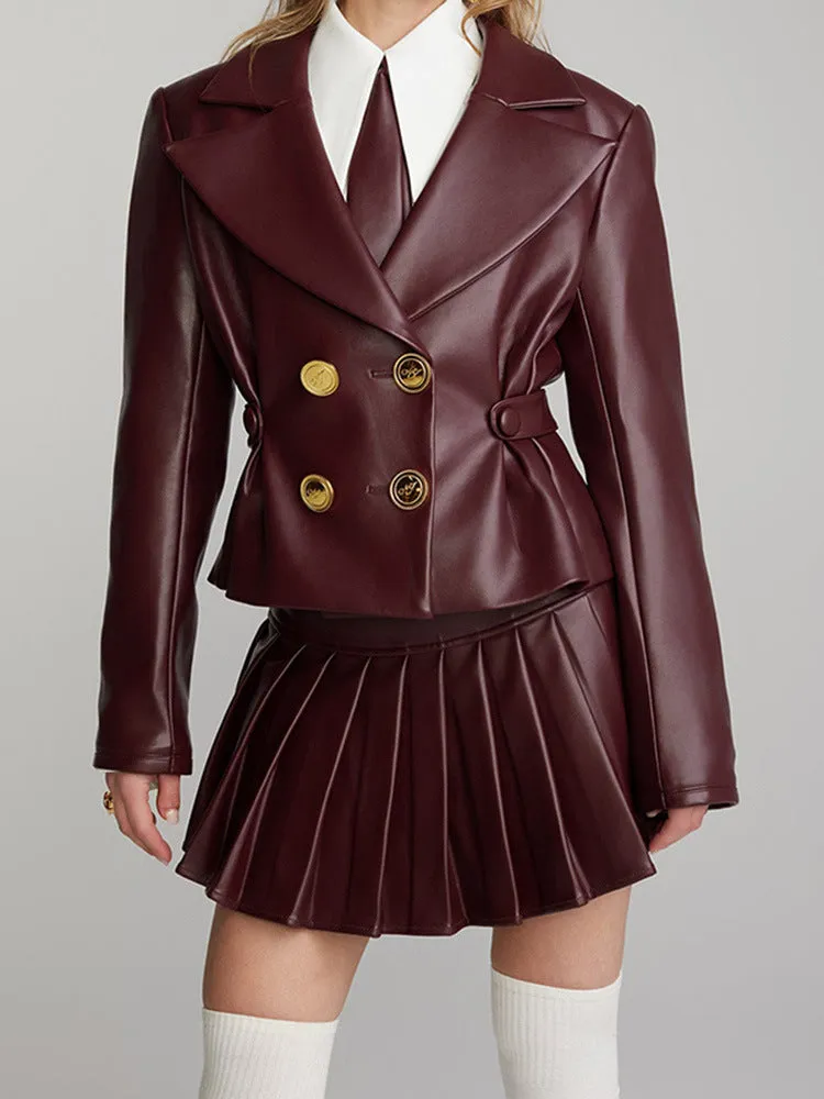 Wenkouban leapord winter outfit 2024 Spring and Autumn Sexy Wine Red Short Jacket Pleated Skirt Suit Suit Collar Sweet and Spicy Style