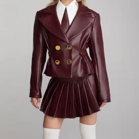 Wenkouban leapord winter outfit 2024 Spring and Autumn Sexy Wine Red Short Jacket Pleated Skirt Suit Suit Collar Sweet and Spicy Style