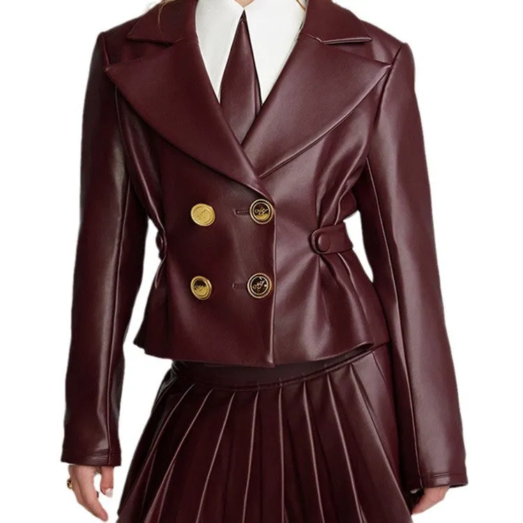 Wenkouban leapord winter outfit 2024 Spring and Autumn Sexy Wine Red Short Jacket Pleated Skirt Suit Suit Collar Sweet and Spicy Style