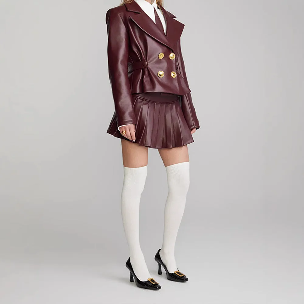 Wenkouban leapord winter outfit 2024 Spring and Autumn Sexy Wine Red Short Jacket Pleated Skirt Suit Suit Collar Sweet and Spicy Style