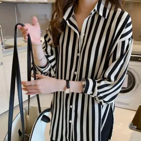 Wenkouban Spring Summer Korean Design Loose Striped Shirt Women's Thin Retro Long Sleeve Chiffon Blouse Button Cardigan Clothes Women