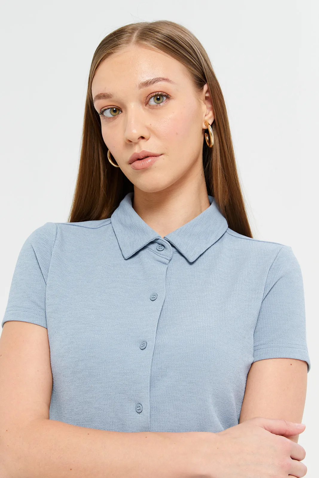 Women Blue Button Front Collared Top