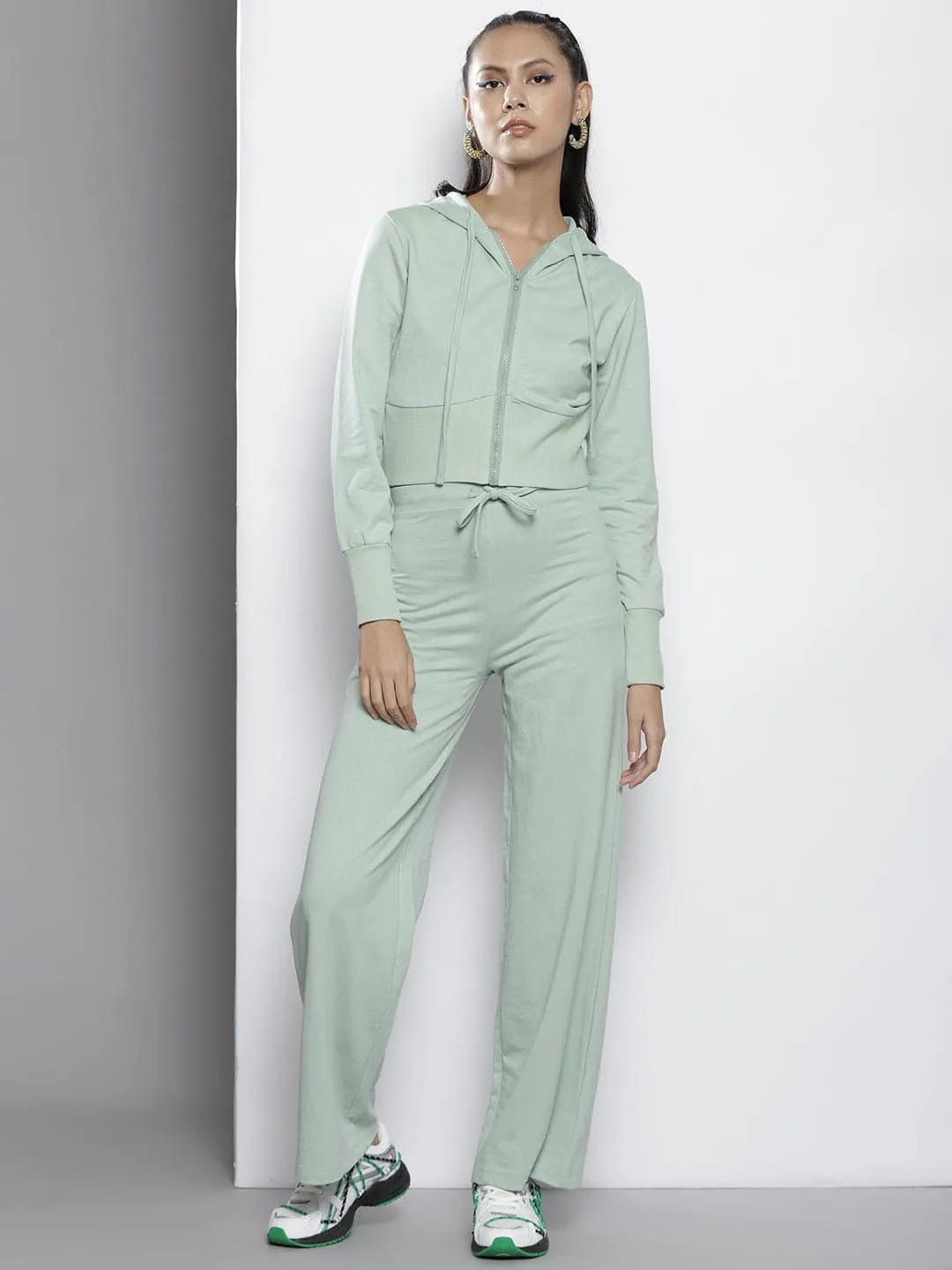 Women Sea Green Terry Hooded Jacket With Track Pants