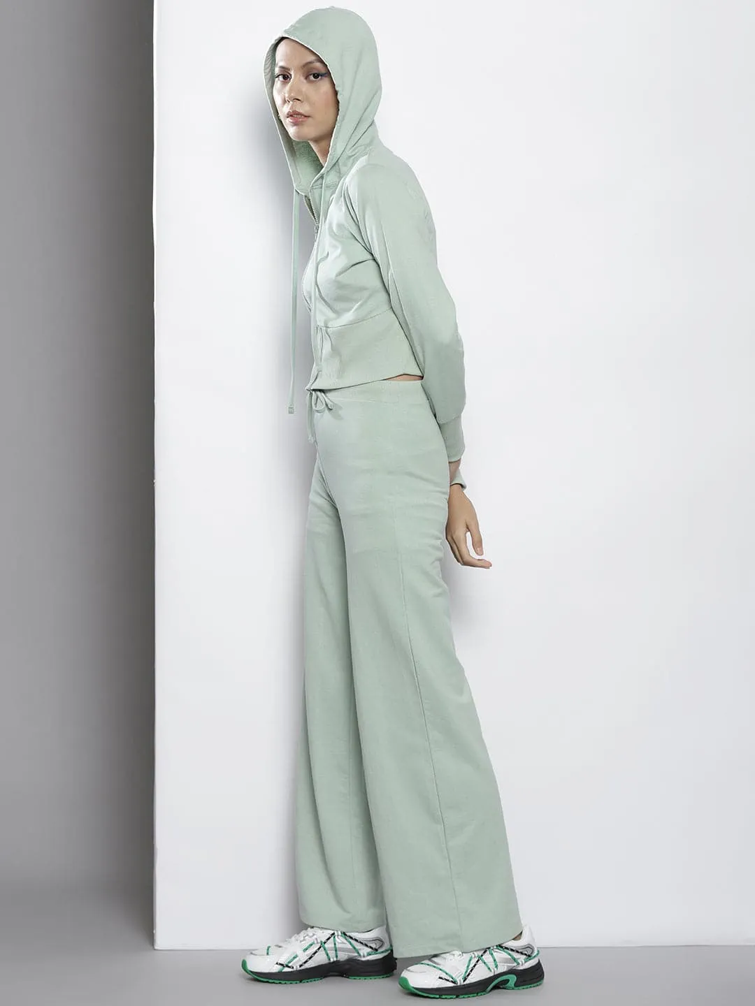 Women Sea Green Terry Hooded Jacket With Track Pants