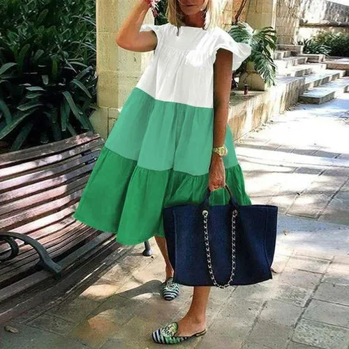 Women Short Sleeve Loose Chic Pleated Dress