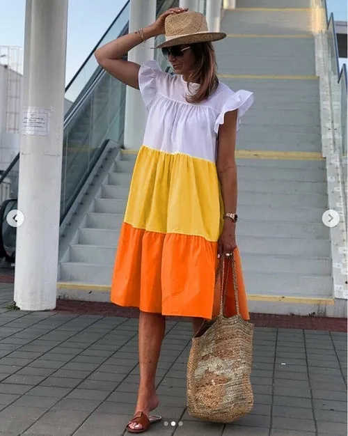 Women Short Sleeve Loose Chic Pleated Dress