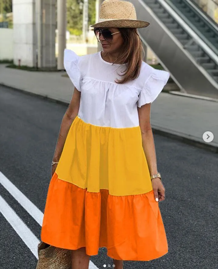 Women Short Sleeve Loose Chic Pleated Dress