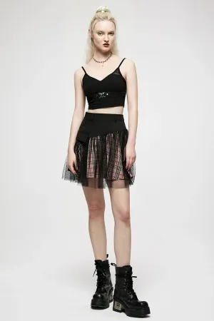 Women's Youth Stitched Short Plaid High Mini Panel Mesh Girl Waist Style College A-line Skirt