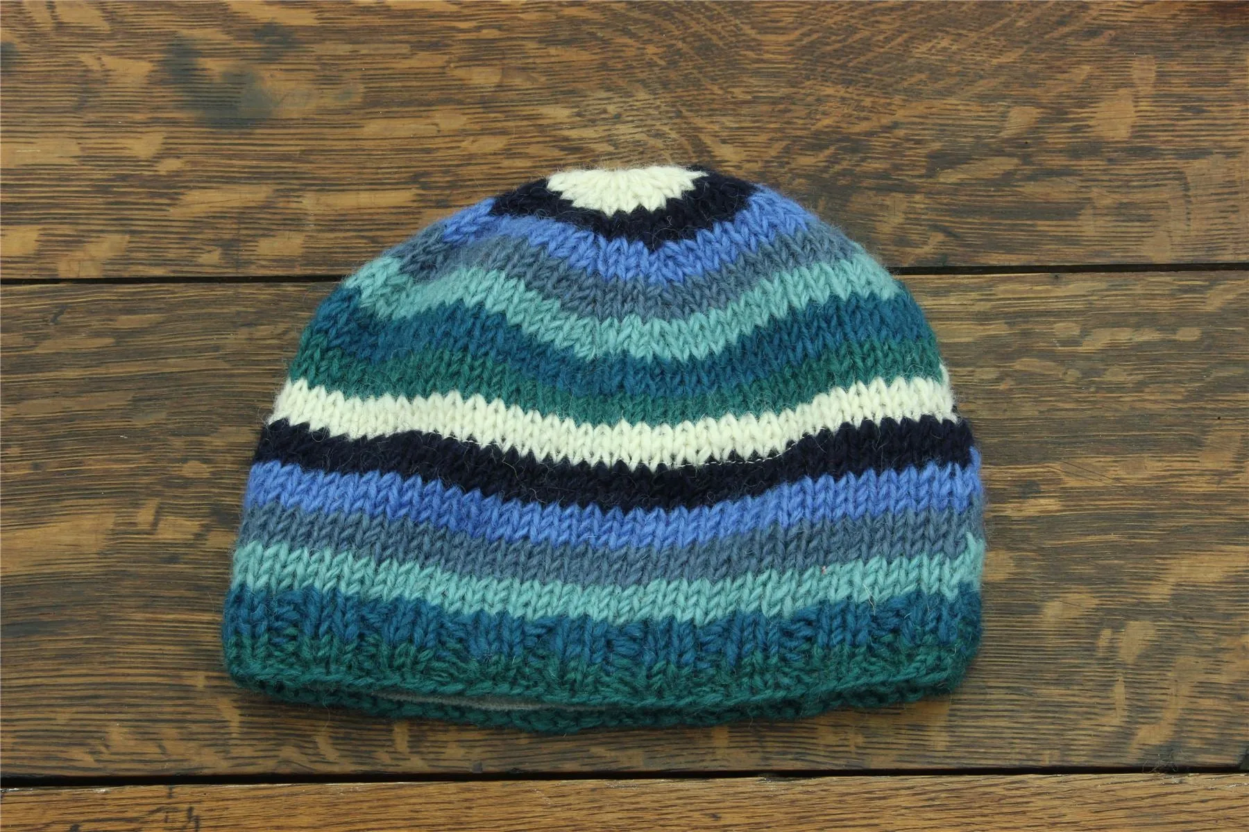 Wool Knit Beanie Hat - Stripe Blue White