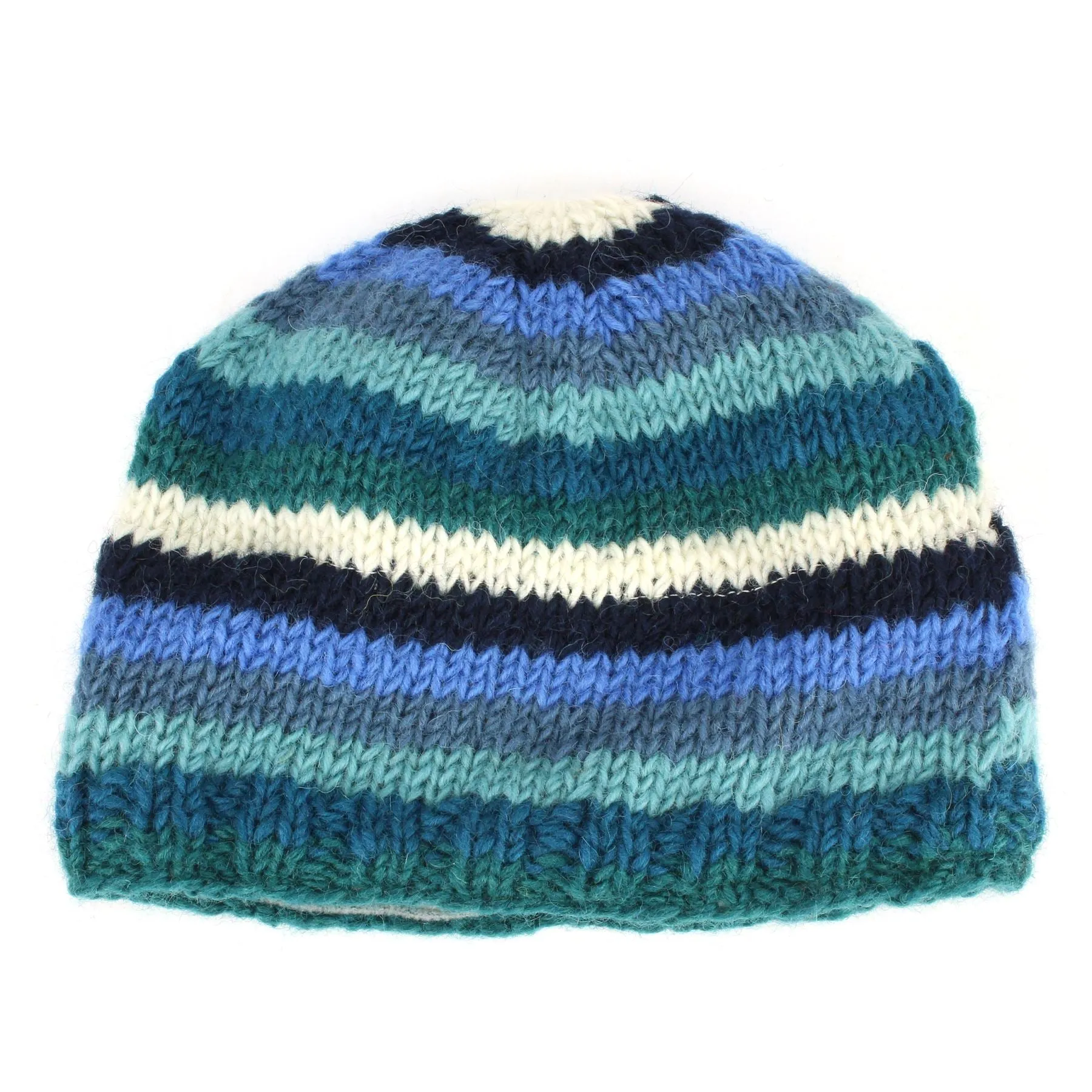 Wool Knit Beanie Hat - Stripe Blue White