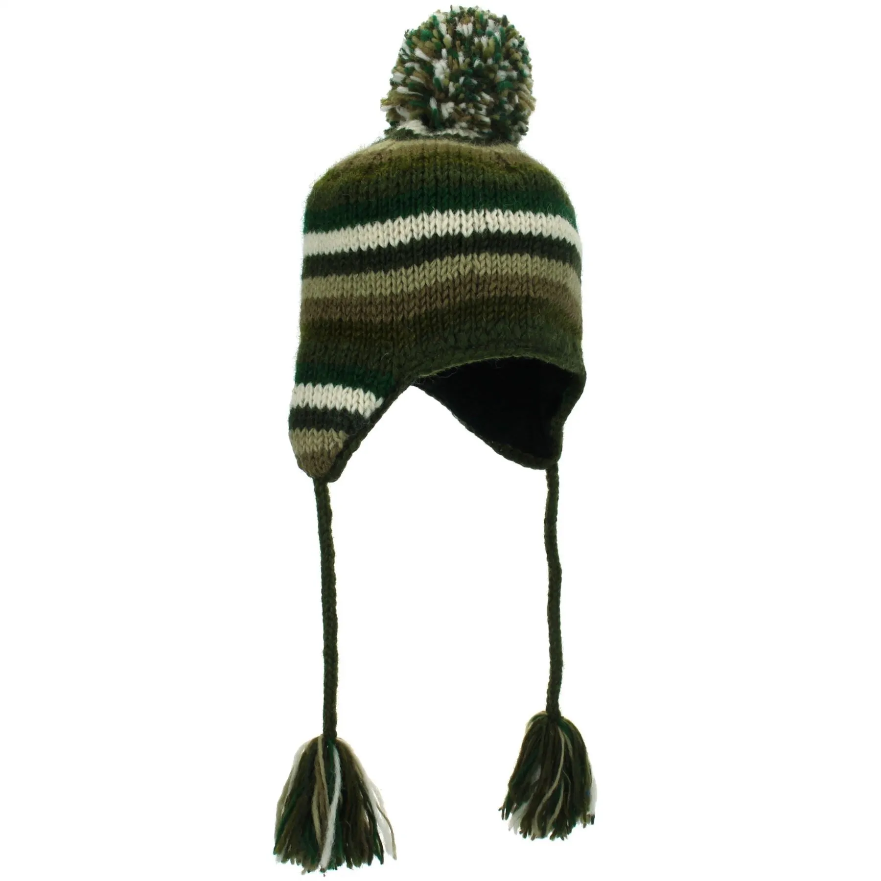 Wool Knit Earflap Bobble Hat - Stripe Green Brown