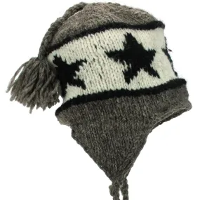 Wool Knit Earflap Tassel Hat - Star Grey