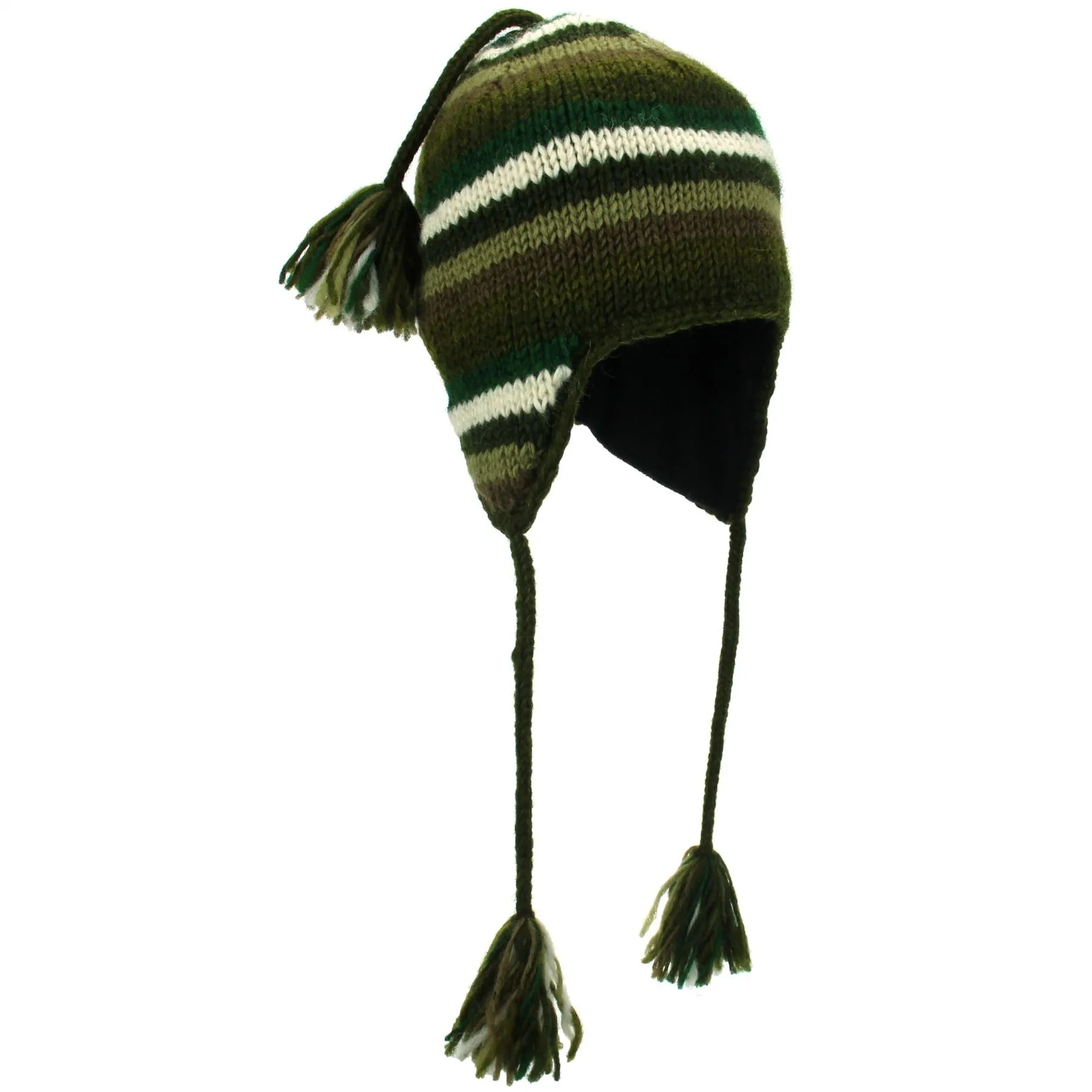 Wool Knit Earflap Tassel Hat - Stripe Green Brown