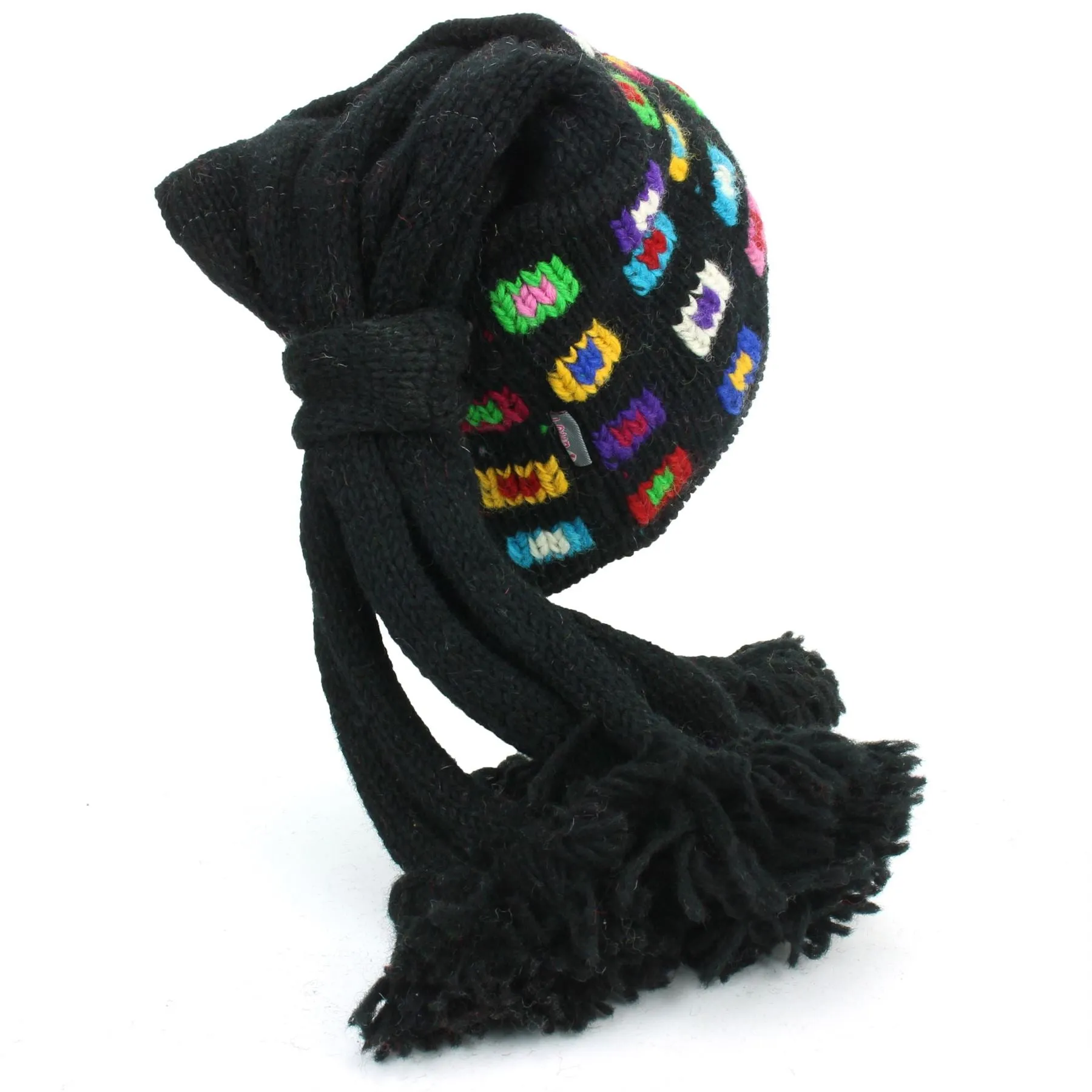 Wool Knit Fountain Tassels Hat - SQ Black