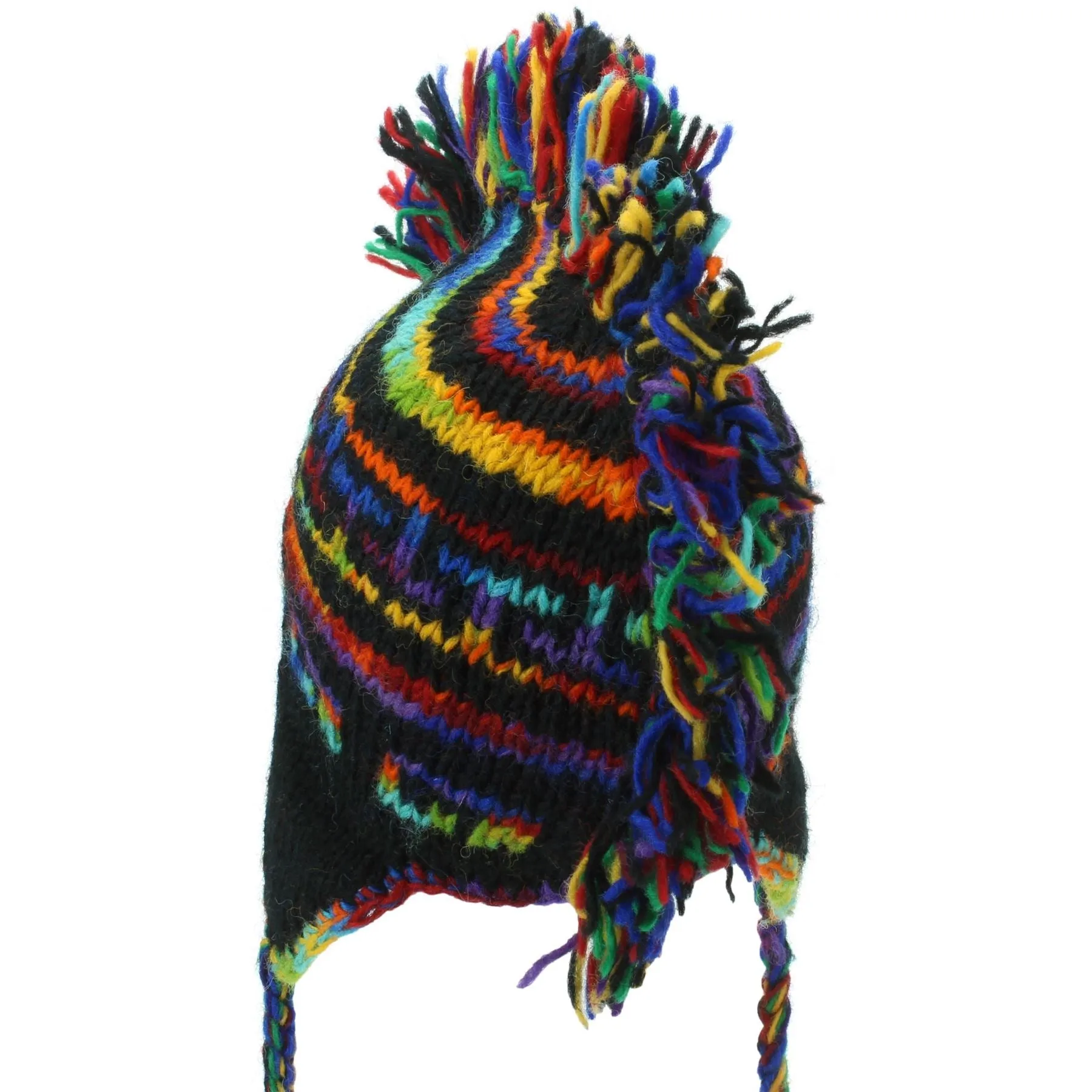 Wool Knit 'Punk' Mohawk Earflap Beanie Hat - Black & Rainbow SD