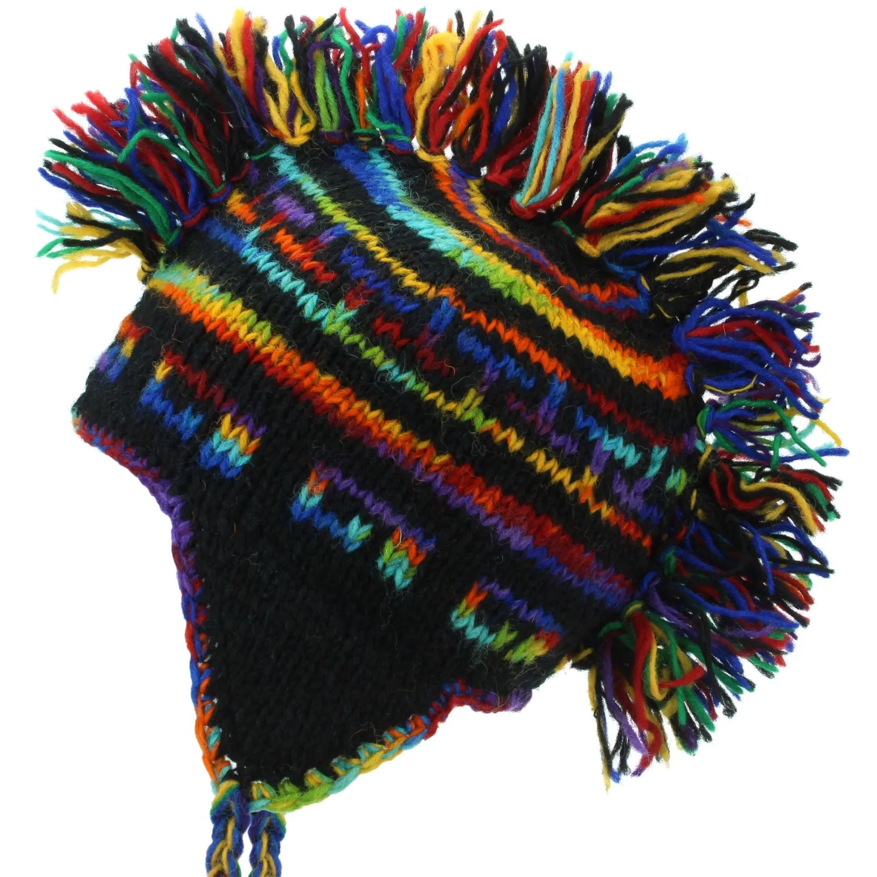 Wool Knit 'Punk' Mohawk Earflap Beanie Hat - Black & Rainbow SD