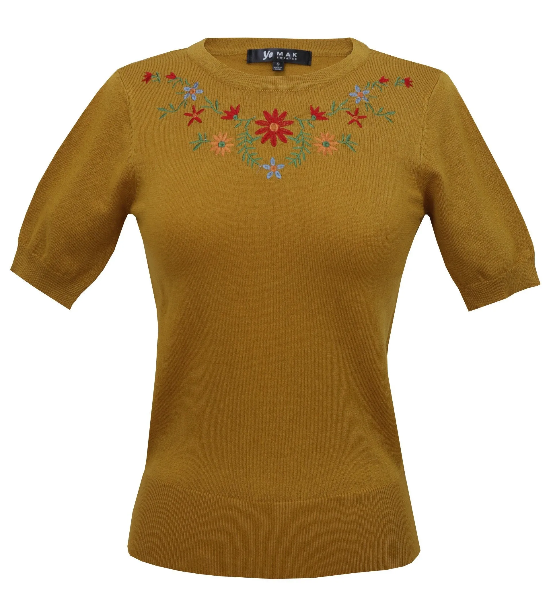 YEMAK Women's Daisy Flower Embroidered Crewneck Casual Knit Pullover Sweater MK3664EMBO (S-L)