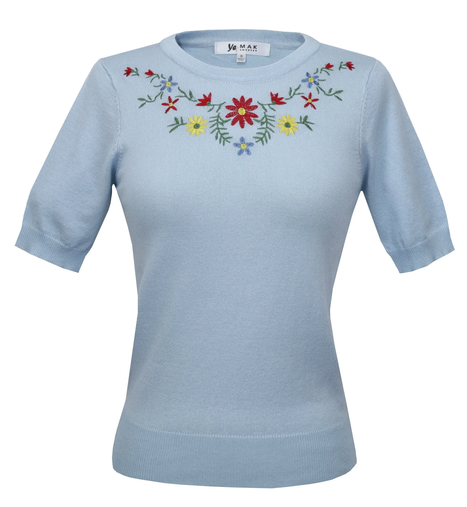 YEMAK Women's Daisy Flower Embroidered Crewneck Casual Knit Pullover Sweater MK3664EMBO (S-L)