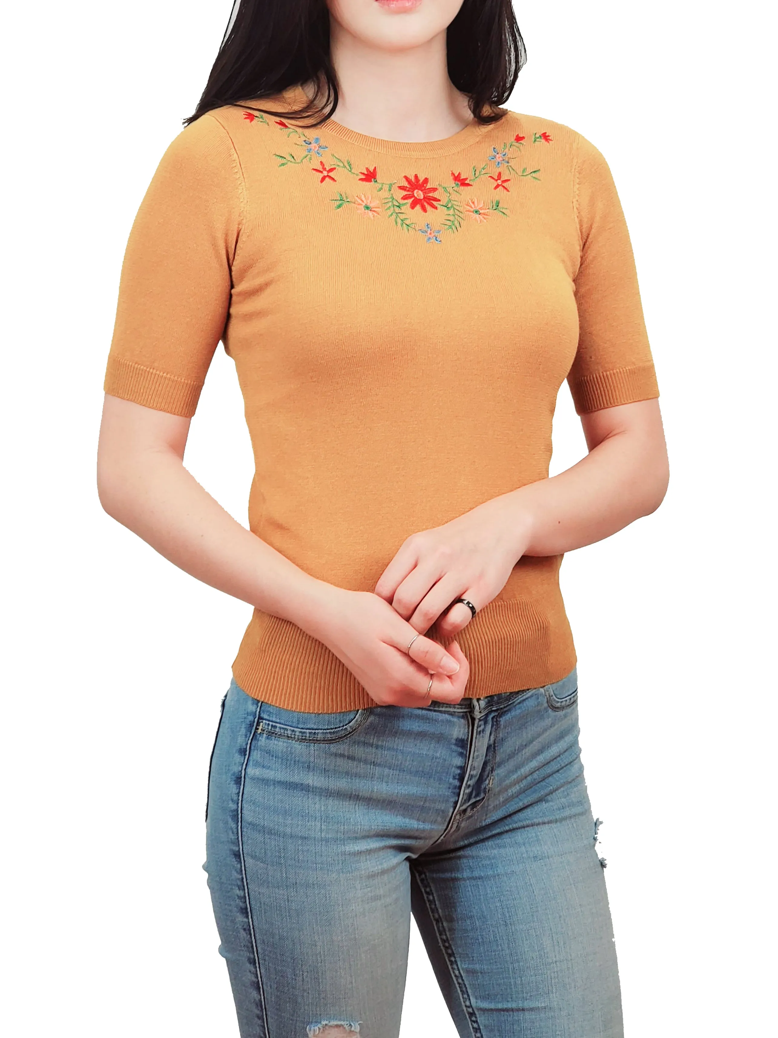 YEMAK Women's Daisy Flower Embroidered Crewneck Casual Knit Pullover Sweater MK3664EMBO (S-L)