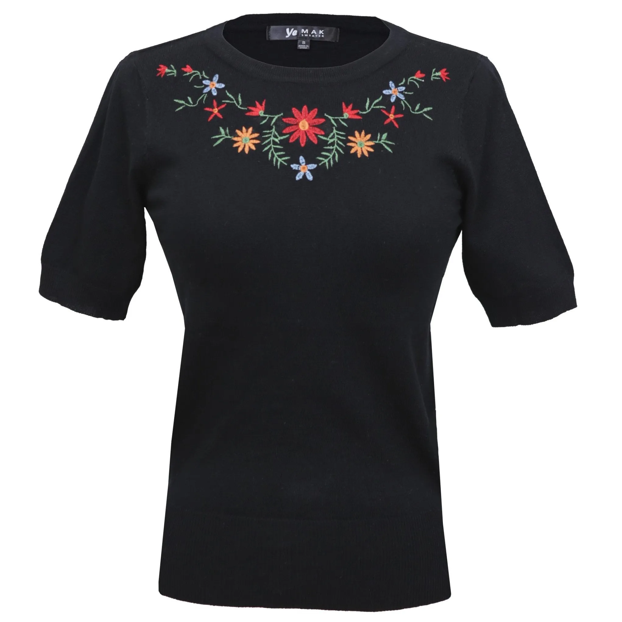 YEMAK Women's Daisy Flower Embroidered Crewneck Casual Knit Pullover Sweater MK3664EMBO (S-L)