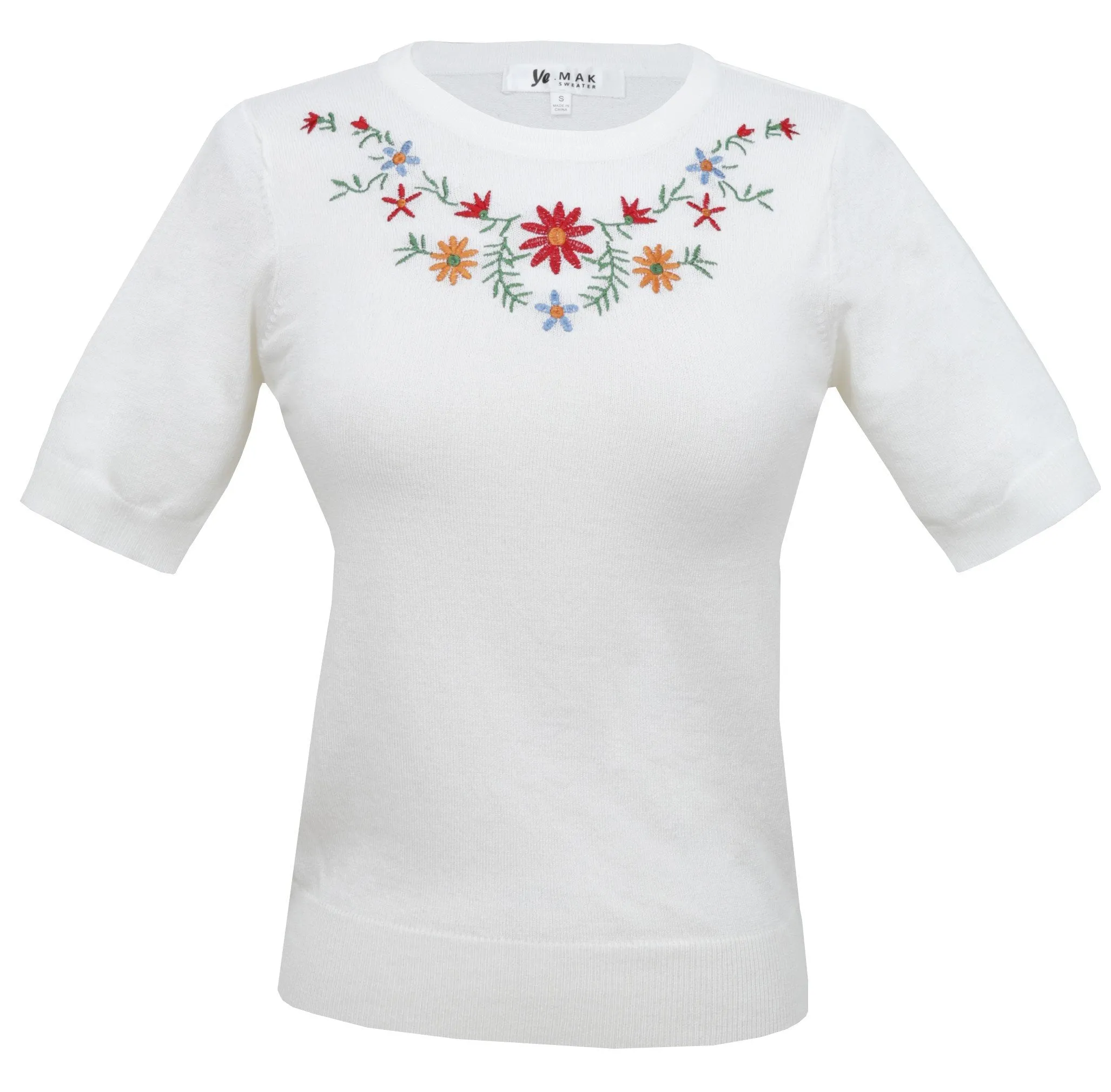 YEMAK Women's Daisy Flower Embroidered Crewneck Casual Knit Pullover Sweater MK3664EMBO (S-L)