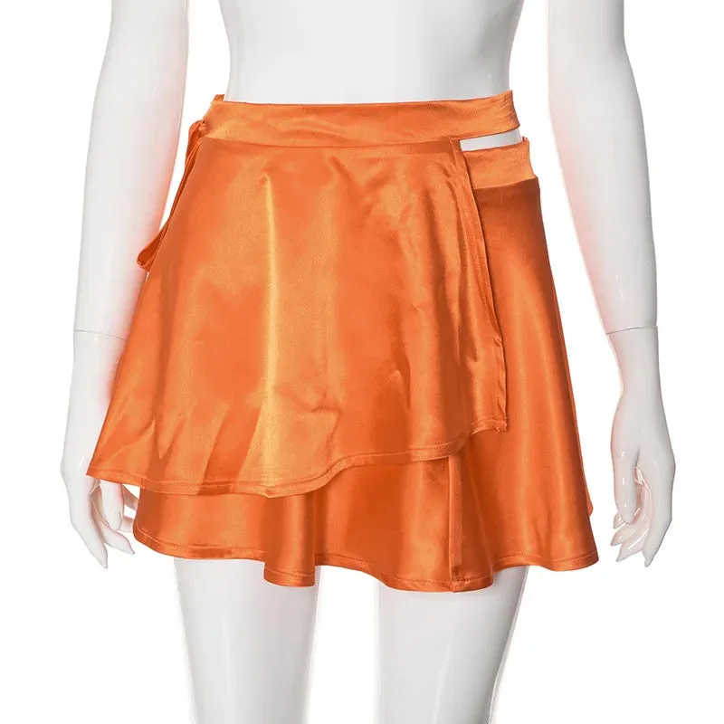 YESMYTOOL  -   Orange Lace Up Mini Skirt For Women 2024 Summer Casual Fashion Bandage Folds Skirts Womens Loose Skirts Ladies Streetwear