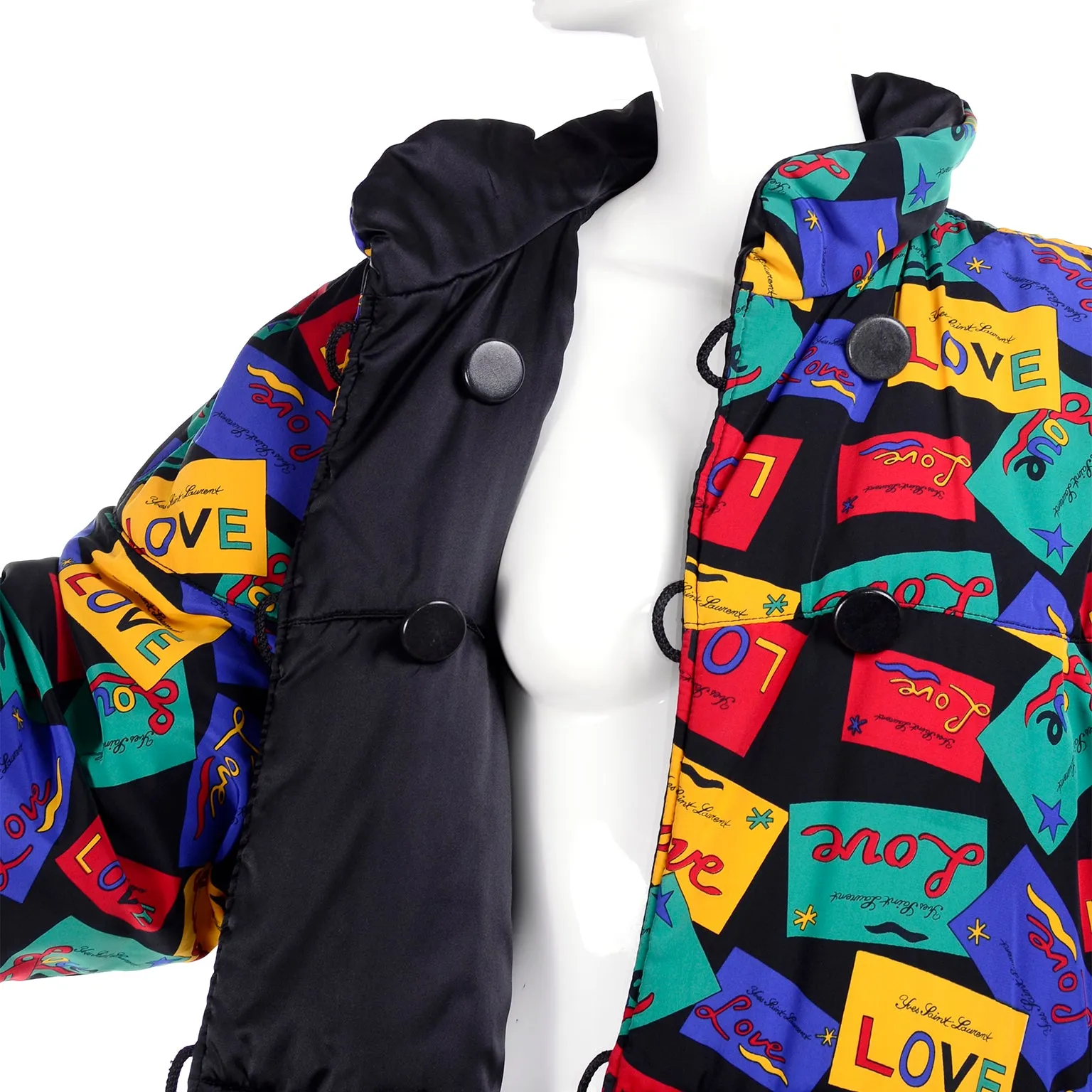 Yves Saint Laurent Reversible Puffer Coat Black/Colorful Love Cards Print