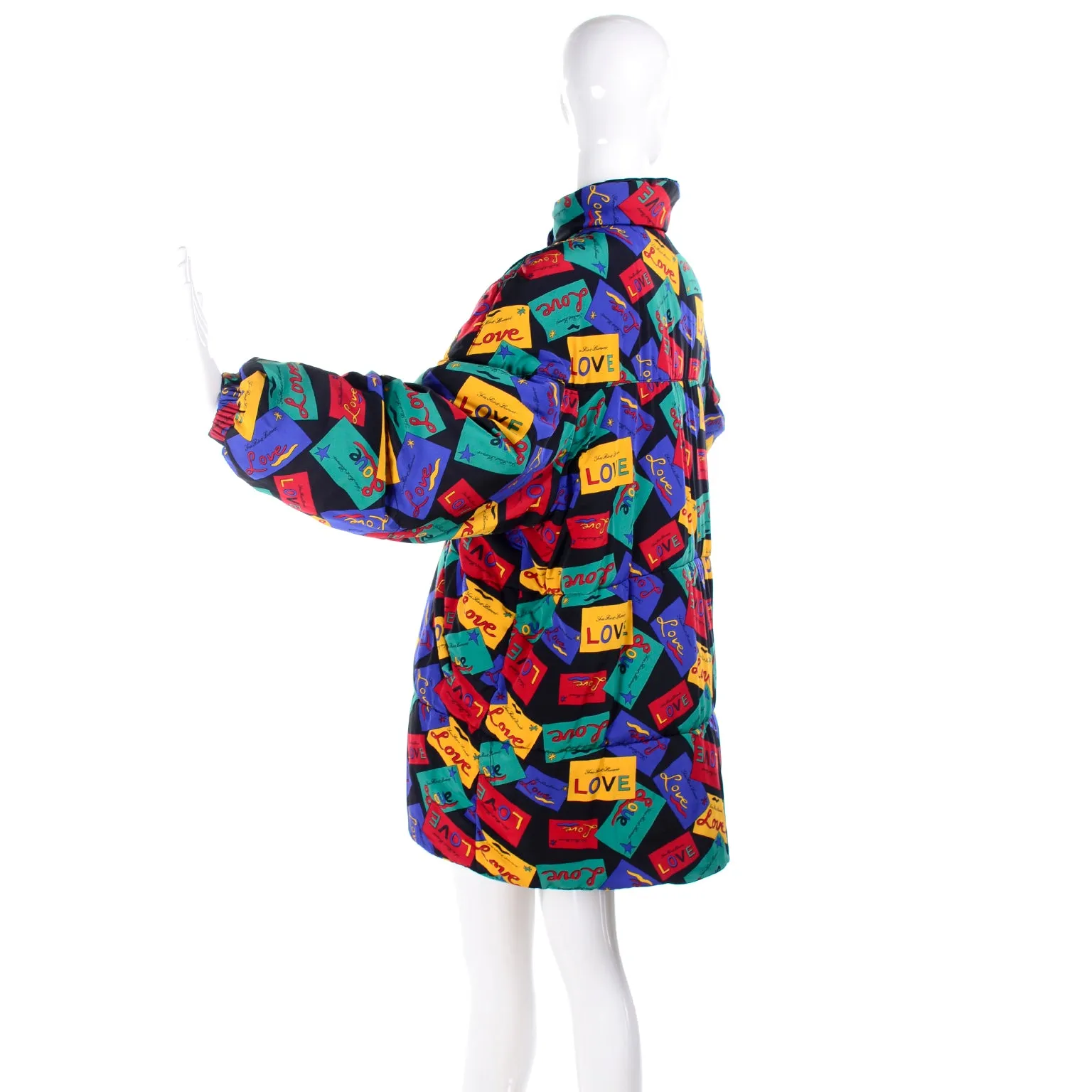 Yves Saint Laurent Reversible Puffer Coat Black/Colorful Love Cards Print