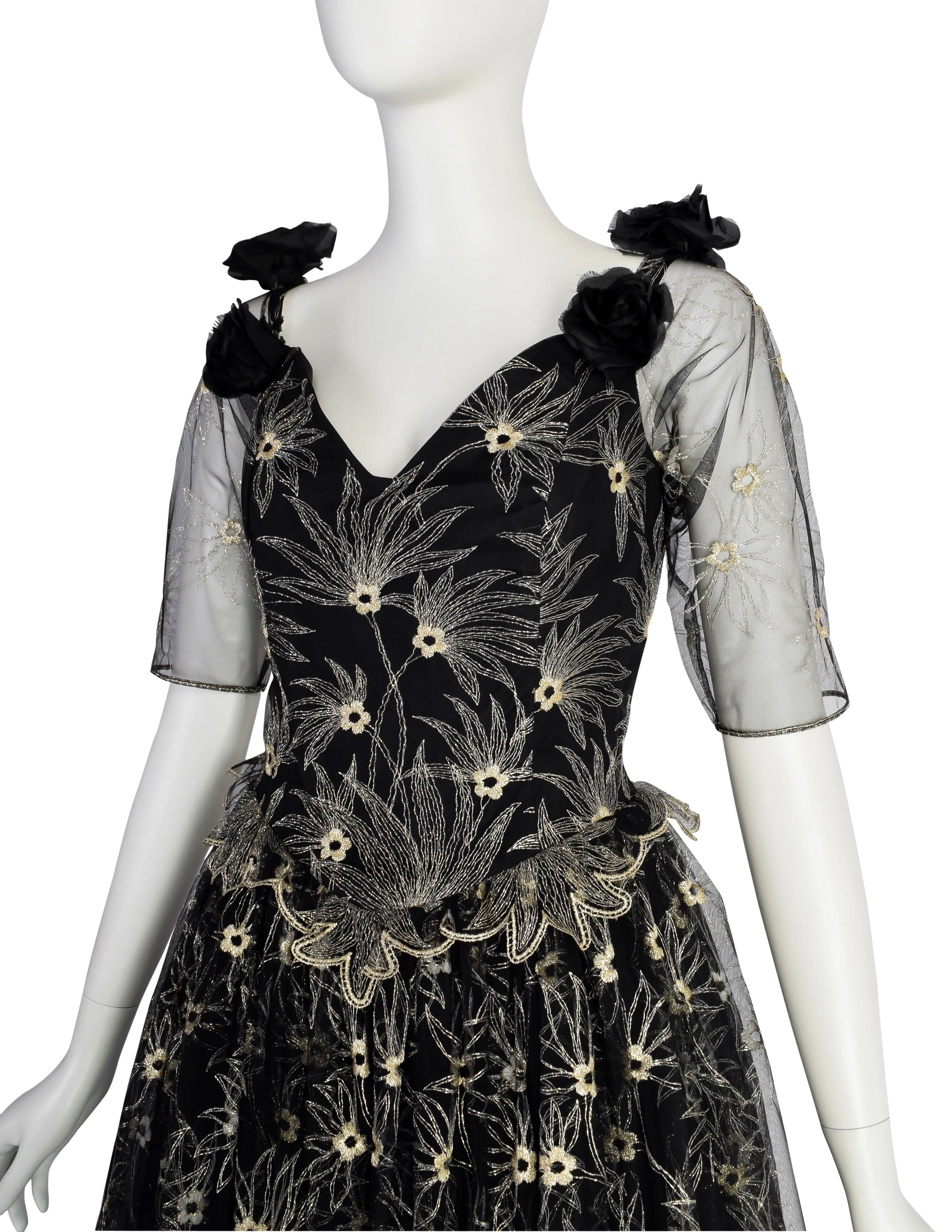 Zandra Rhodes Vintage 1980s Black and Gold Embroidered Floral Tulle Princess Gown