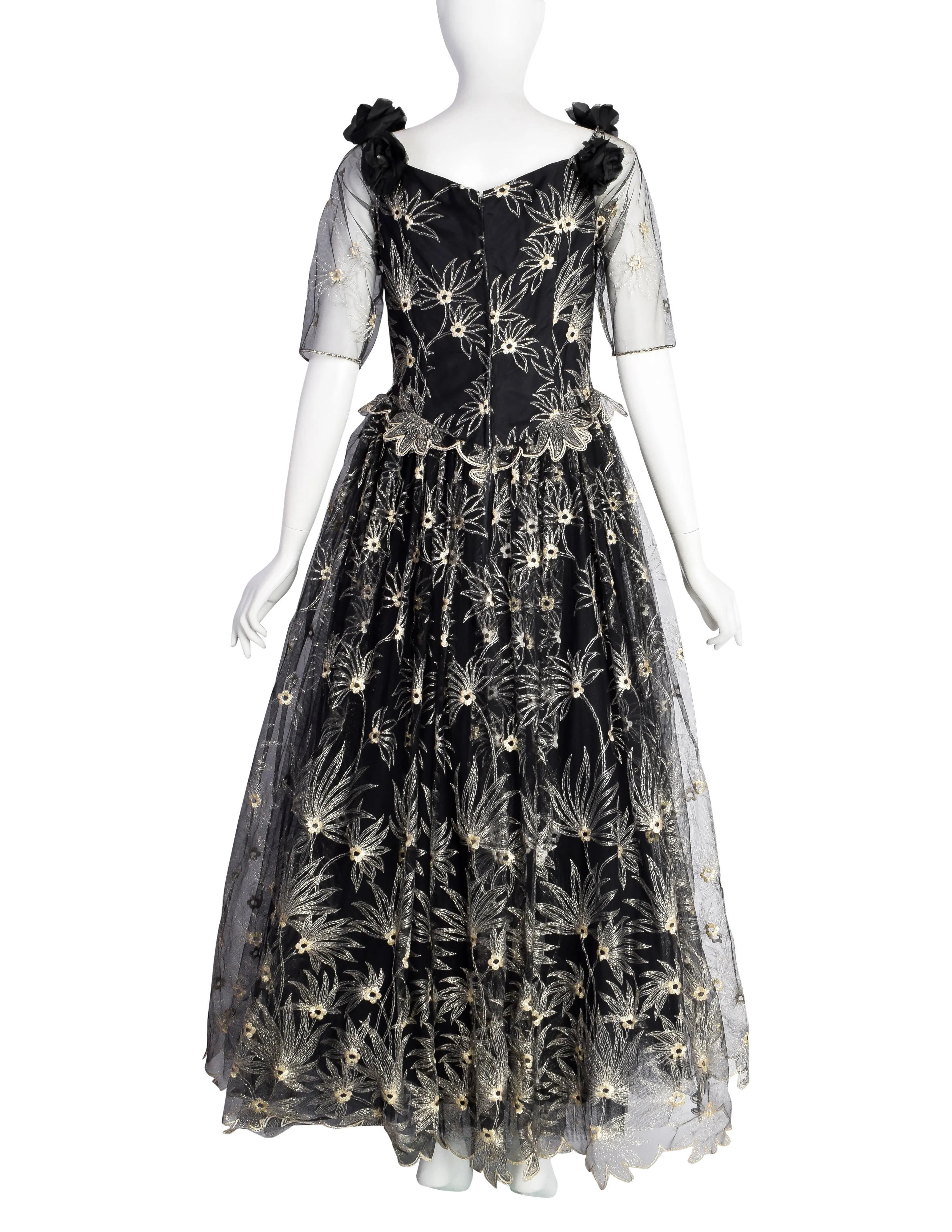 Zandra Rhodes Vintage 1980s Black and Gold Embroidered Floral Tulle Princess Gown