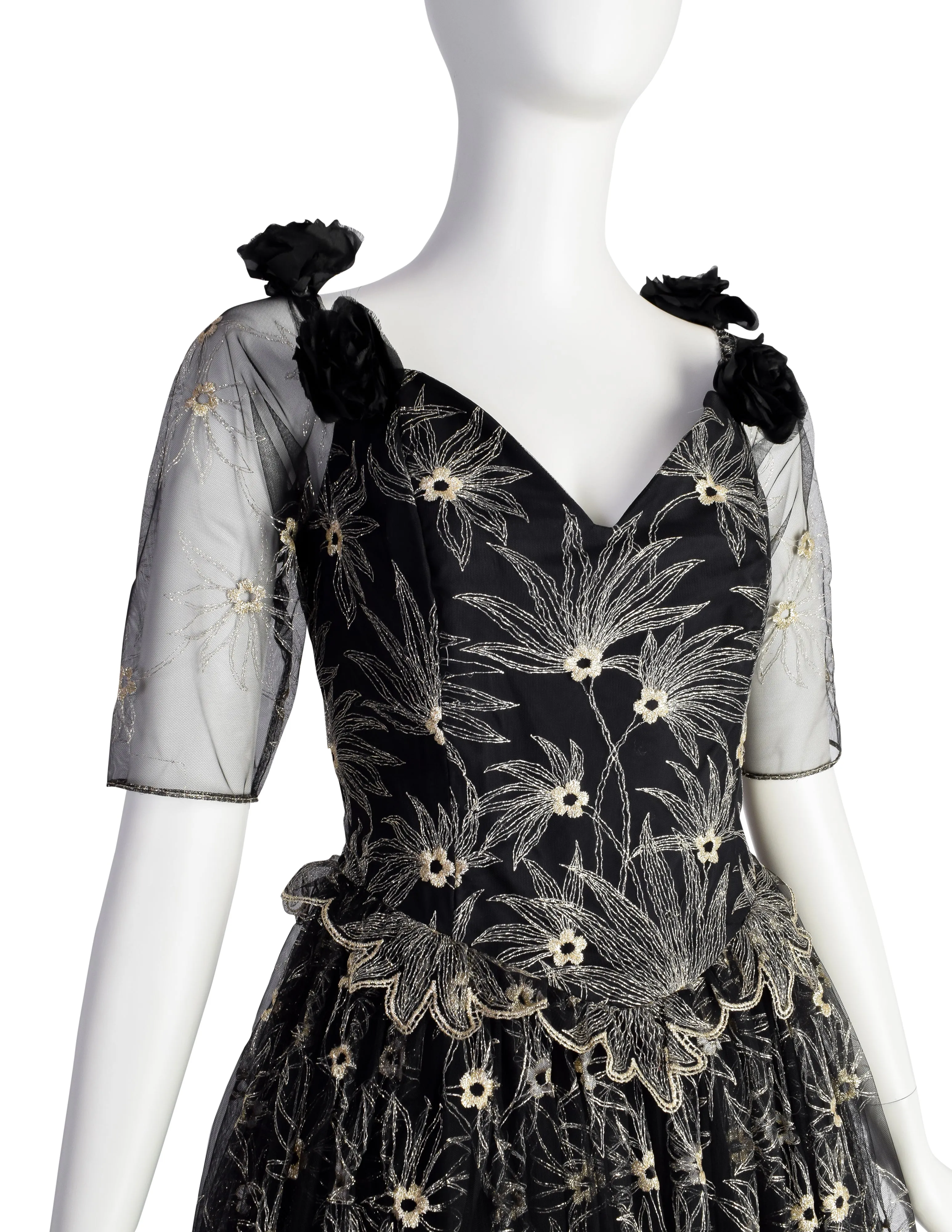 Zandra Rhodes Vintage 1980s Black and Gold Embroidered Floral Tulle Princess Gown