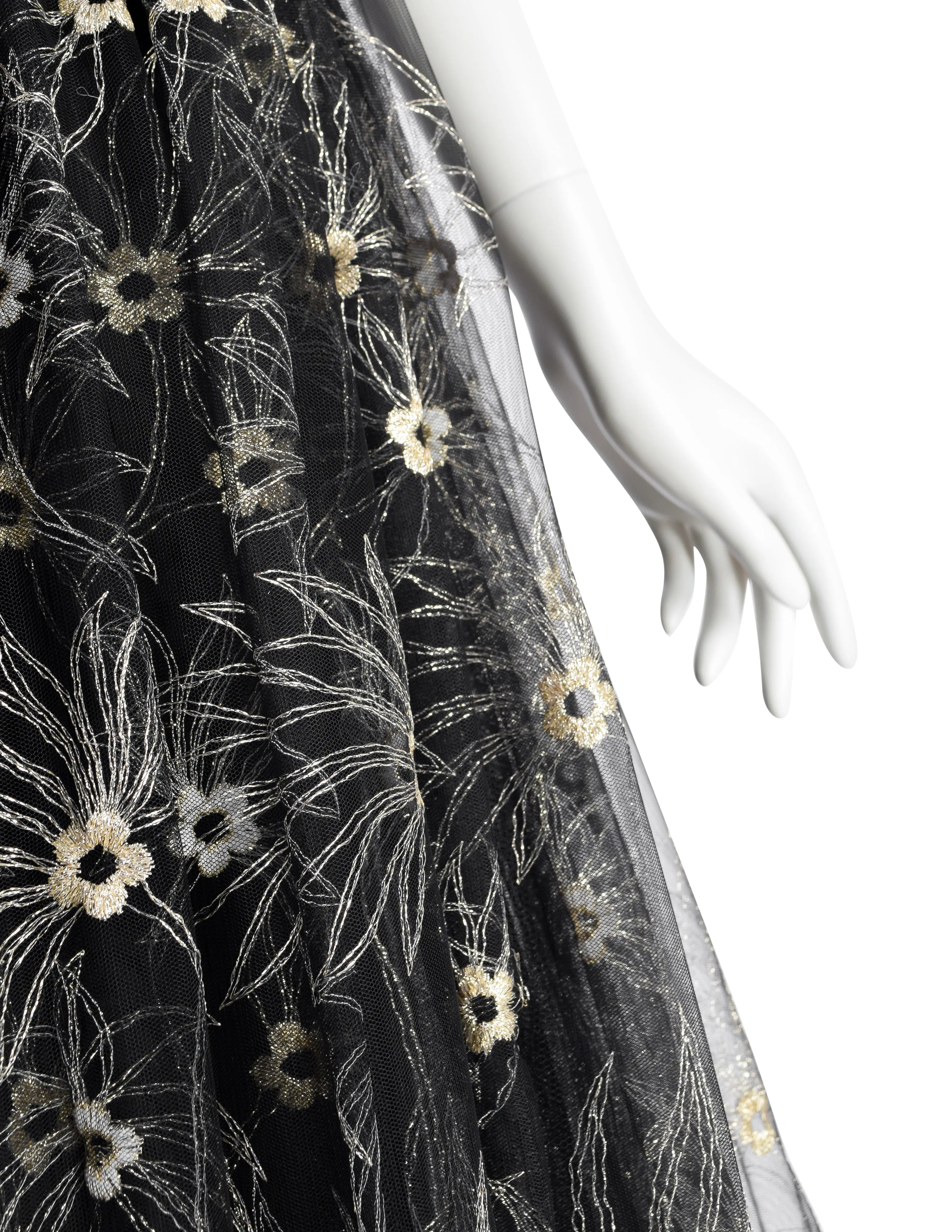 Zandra Rhodes Vintage 1980s Black and Gold Embroidered Floral Tulle Princess Gown