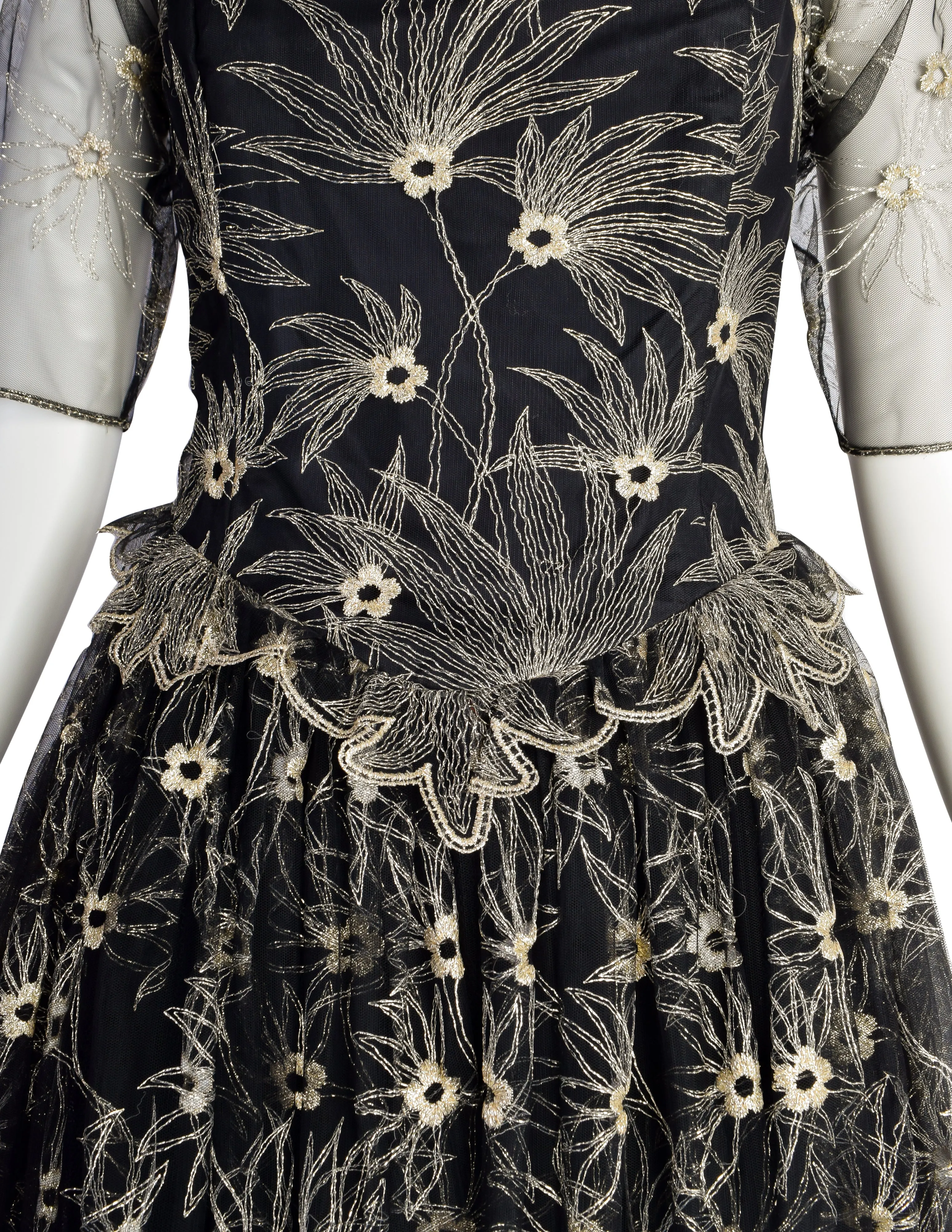 Zandra Rhodes Vintage 1980s Black and Gold Embroidered Floral Tulle Princess Gown