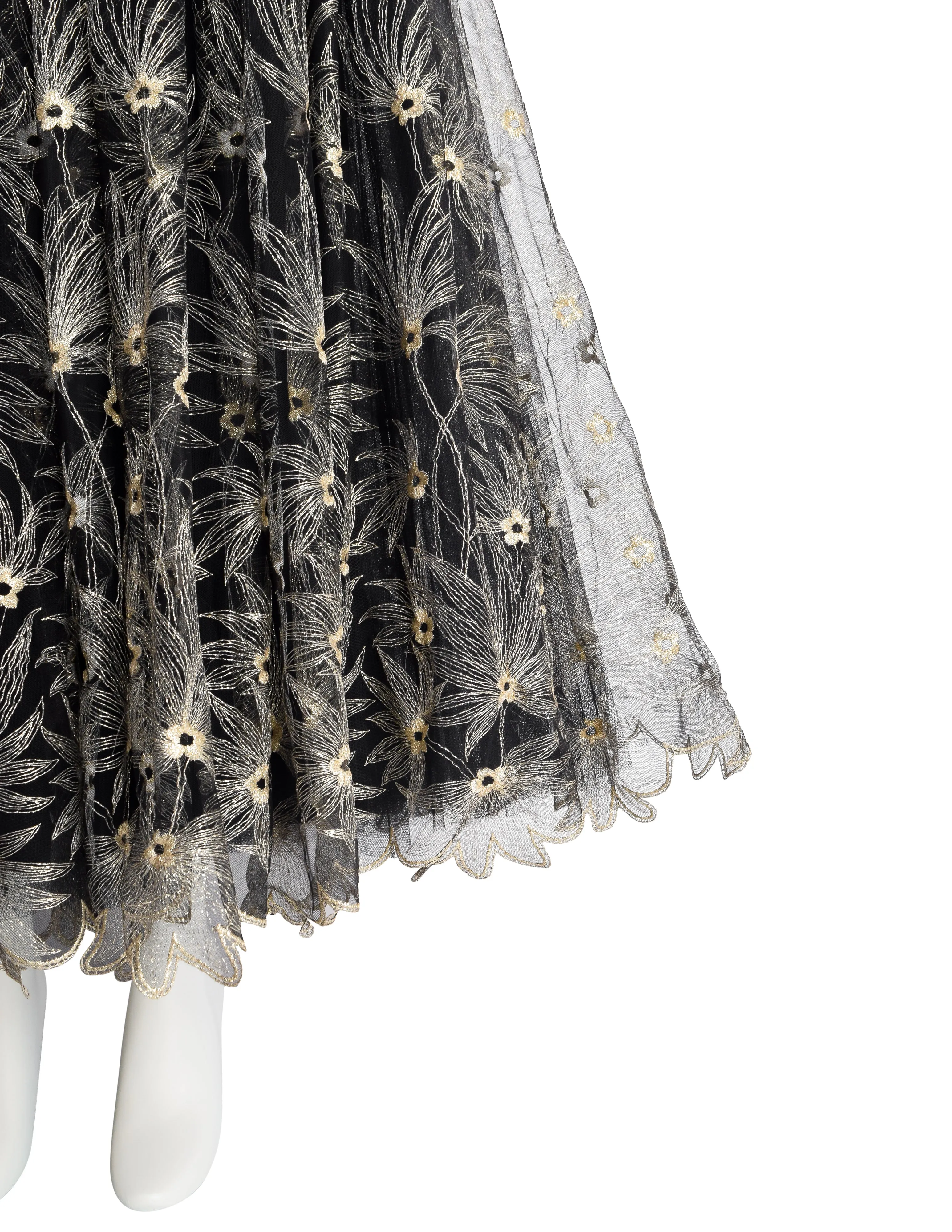 Zandra Rhodes Vintage 1980s Black and Gold Embroidered Floral Tulle Princess Gown