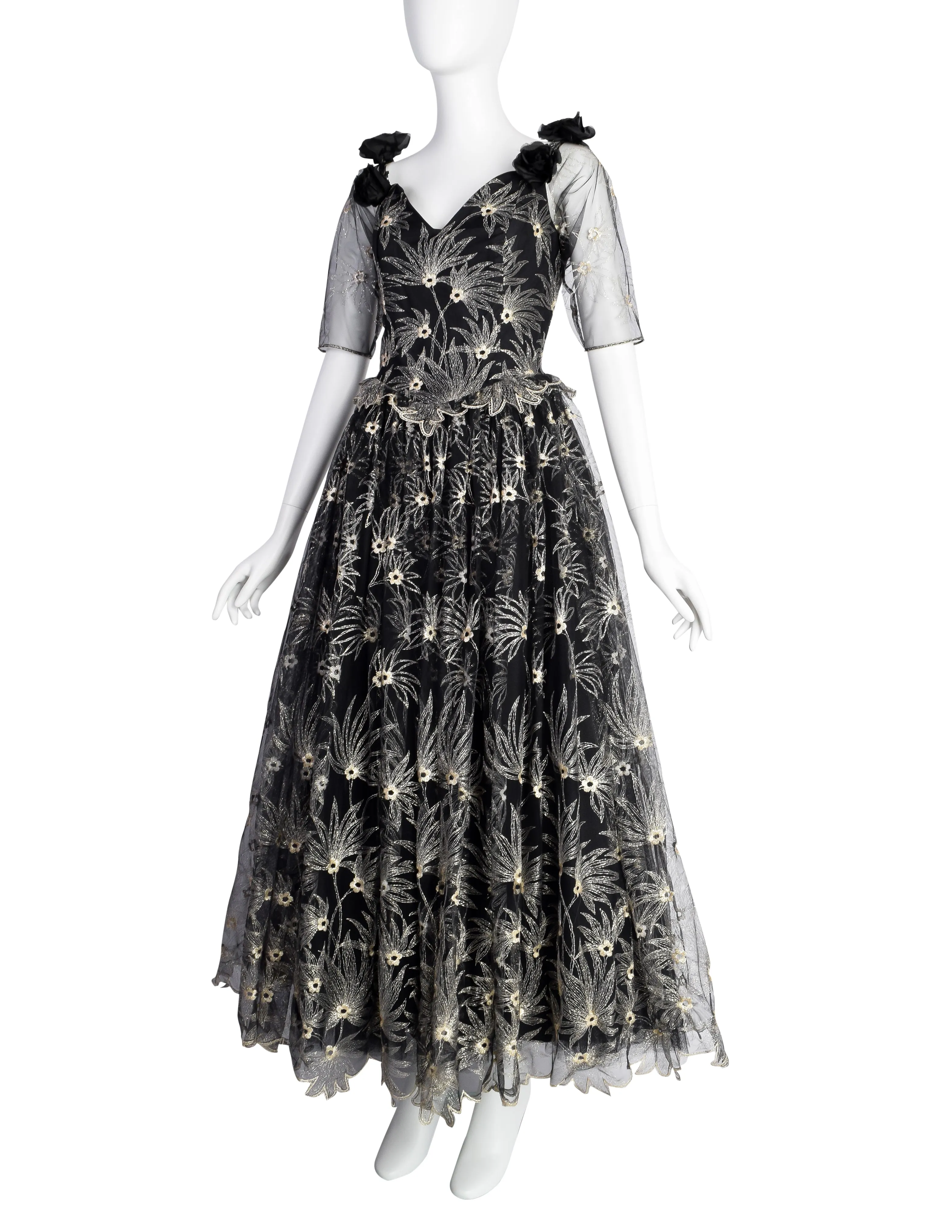 Zandra Rhodes Vintage 1980s Black and Gold Embroidered Floral Tulle Princess Gown